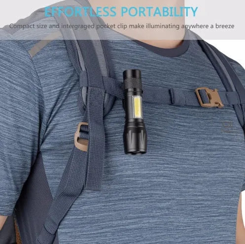 Small black aluminium alloy telescopic LED flashlight with adjustable focus and a pocket clip.