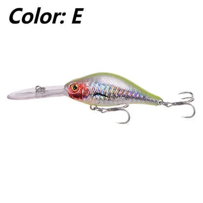 Deep diving fishing lure with long lip, 10.5cm length, in assorted colour patterns