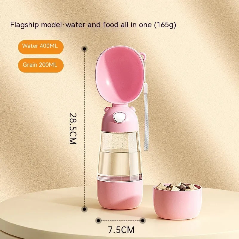 Portable collapsible dog water bottle with food container in brown pink yellow colours for outdoor pet travel