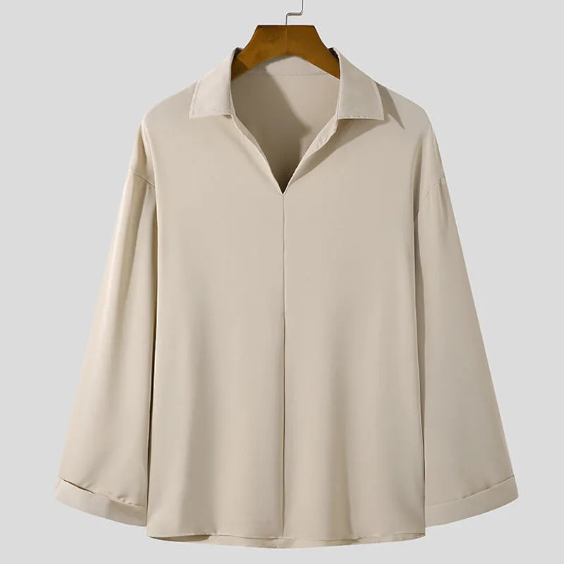 Men's loose lapels casual shirt in polyester blend fabric with long sleeves