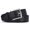 Men's black genuine leather belt with a silver alloy pin buckle on a trouser waistband