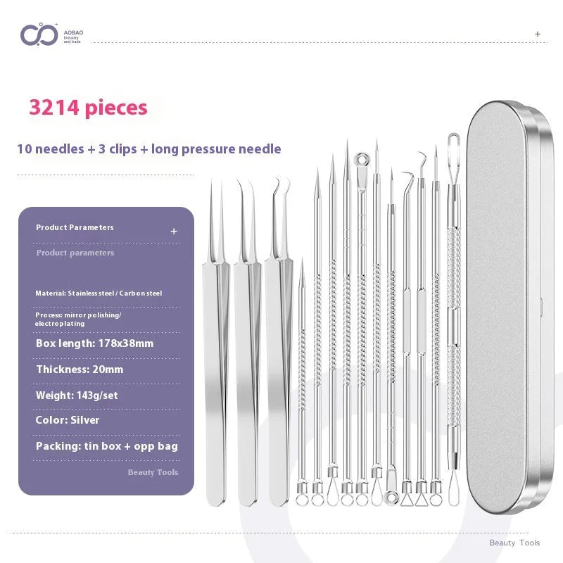 Four silver metal acne needles with fine pointed tips laid out on a surface.