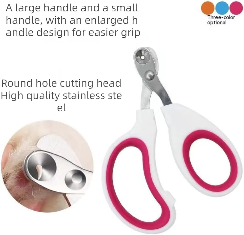 Blue pet nail clippers with circular hole design and cushioned non-slip handle on a white background.