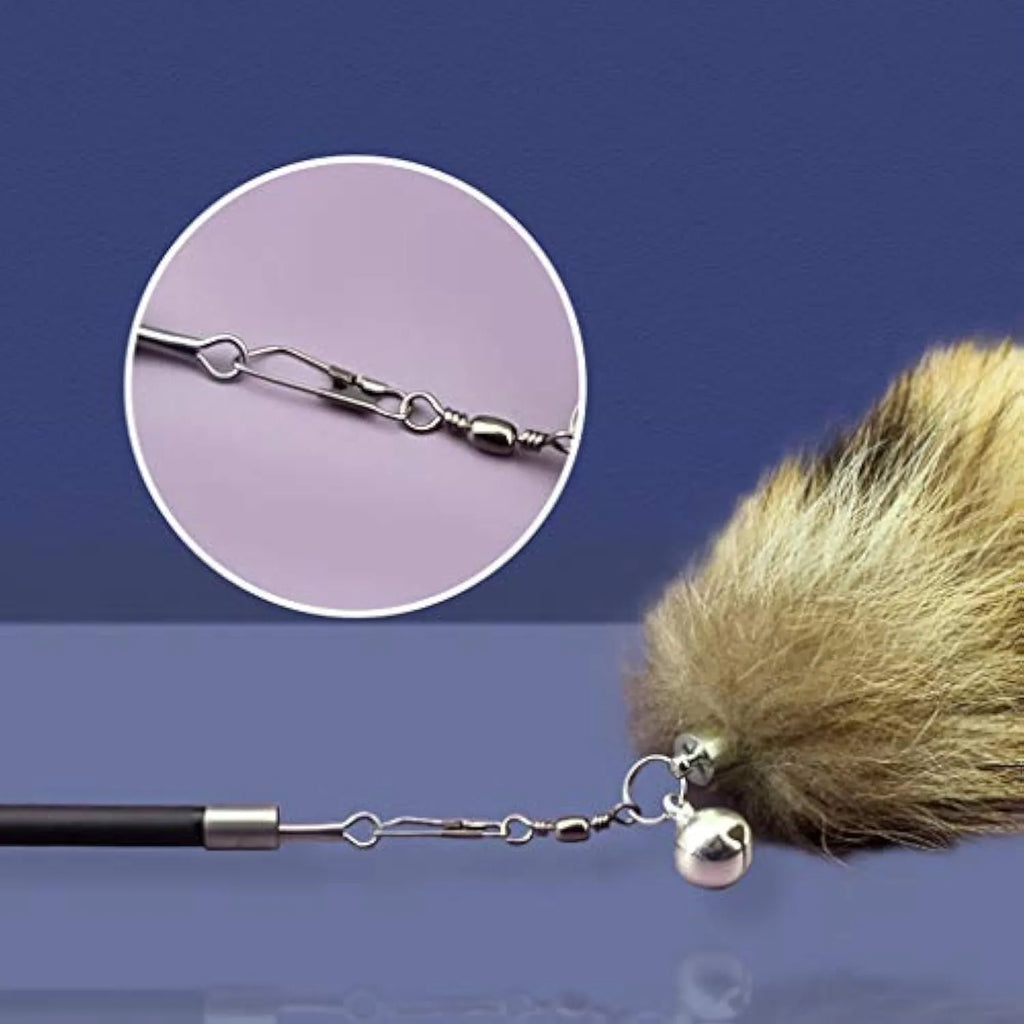 Black cat toy wand with feather teaser on elastic string, 42 cm long