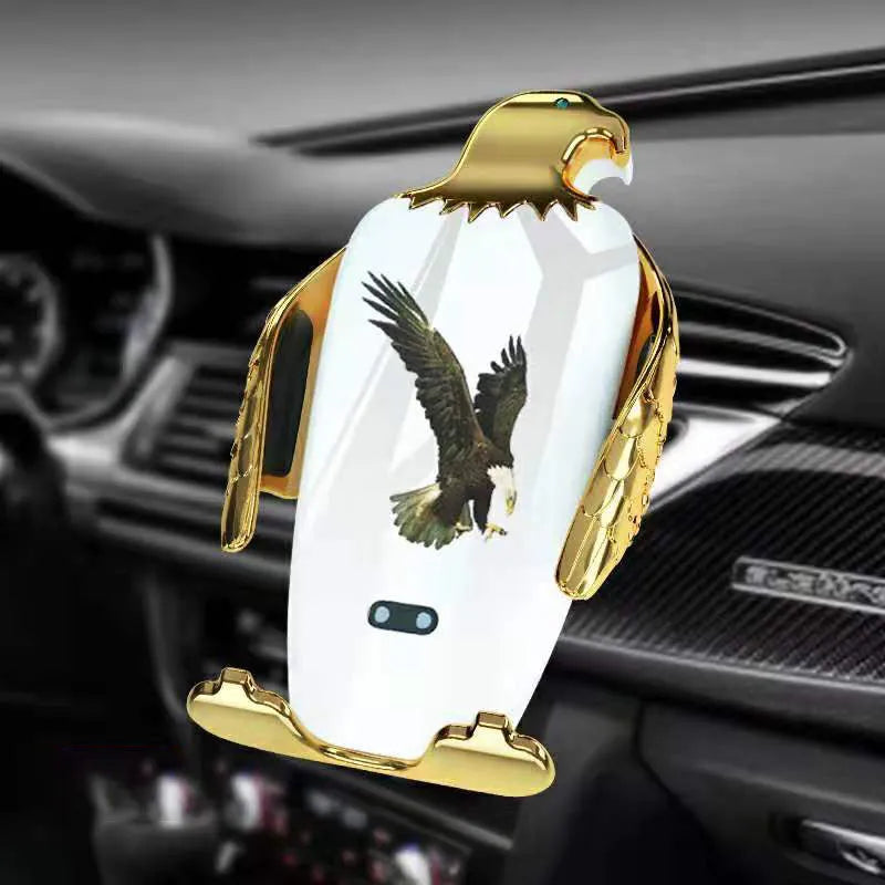 Car phone holder with wireless charging base and suction cup mount in black and gold colour with eagle design