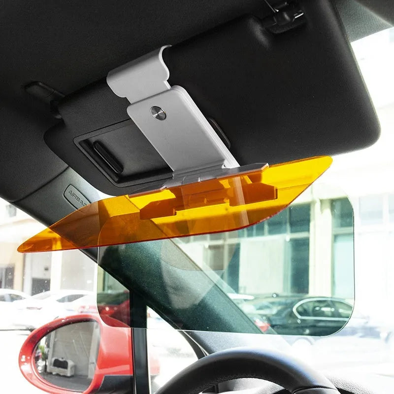 Universal anti-high beam car sun visor with acrylic lens shown in colour box packaging.