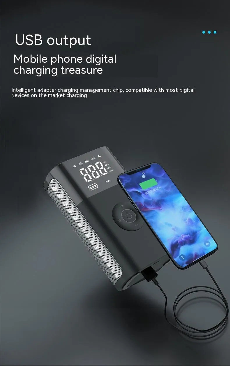 Handheld wireless digital display car tyre air pump with LED light and attachments on a grey background.