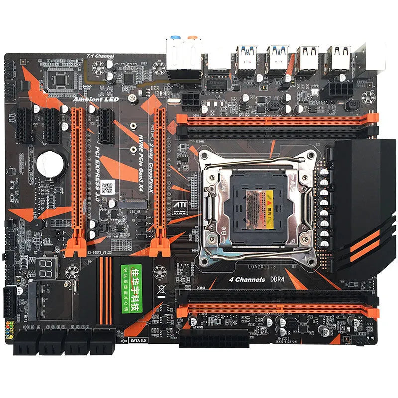 Black X99 ATX motherboard with LGA2011-3 socket, four DDR4 slots, PCIe slots, and multiple SATA ports
