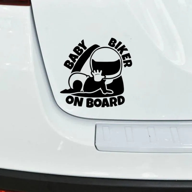 Reflective Baby on Board warning car sticker in black and white, measuring 14.5 by 15 centimetres.