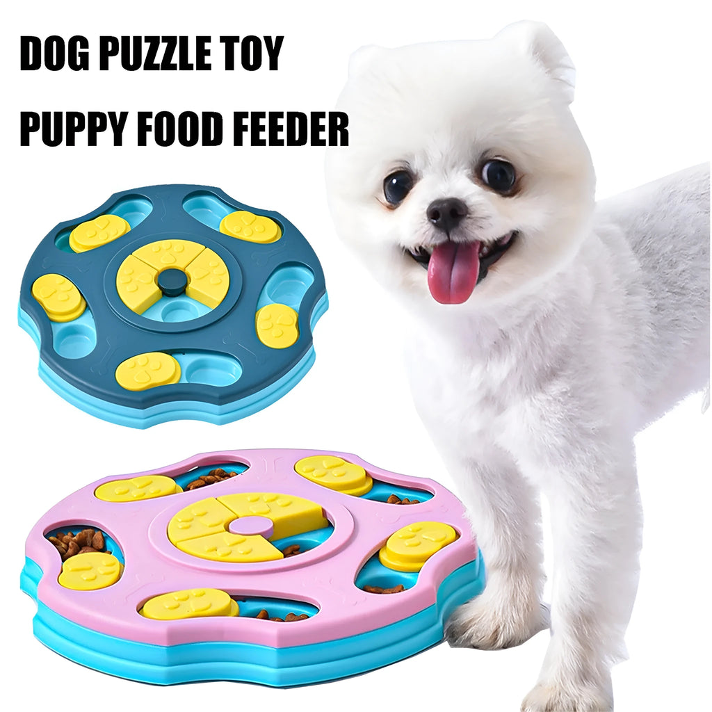 Blue durable dog puzzle feeder toy for aggressive chewers, shown as a 2-in-1 interactive food box and game.