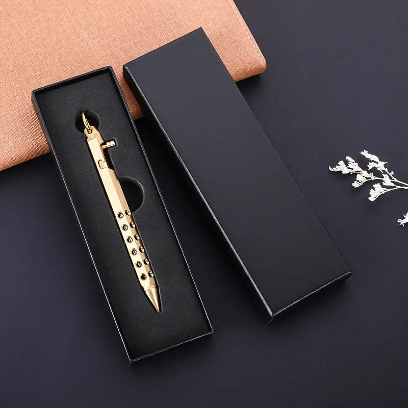 Hexagonal brass bolt action pen showing six-sided barrel and bolt mechanism