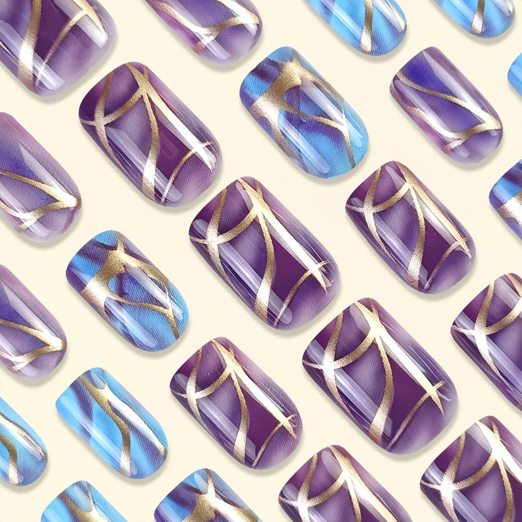 Purple striped mid-length nail stickers set in European American style on a white background