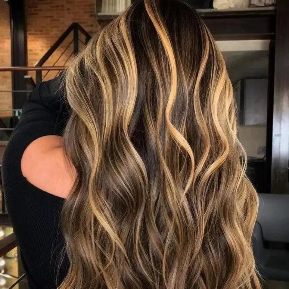 Front lace wig with African black gradient colour in a long, big wave style with side bangs.