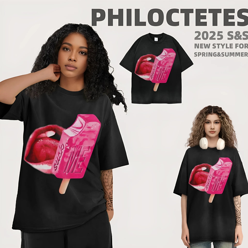 Street style heavy washed cotton t-shirt with cartoon print, loose fit, short sleeves.