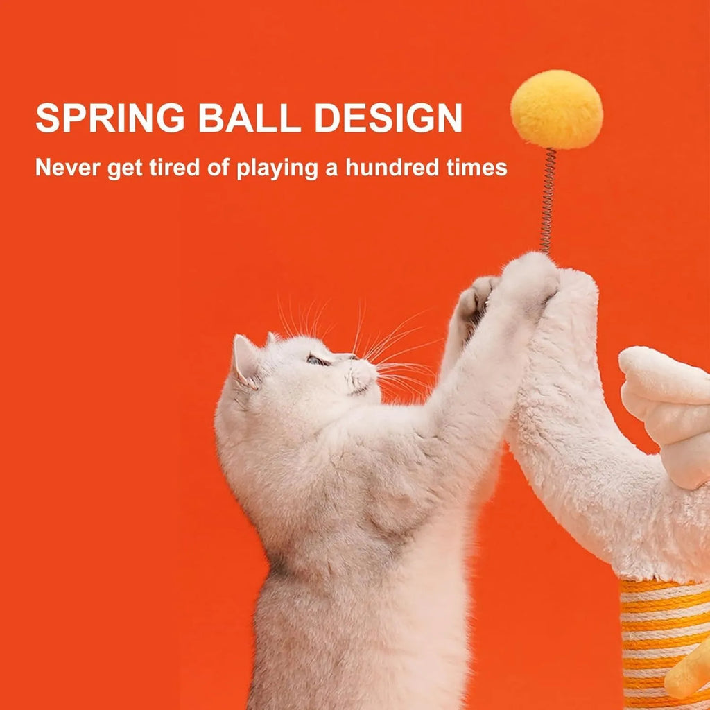 Yellow sisal rope cat scratching post with spring ball measuring 88cm tall