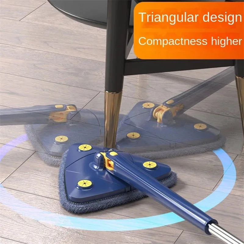 Blue extendable triangle cleaning mop with 360-degree rotating head and stainless steel pole