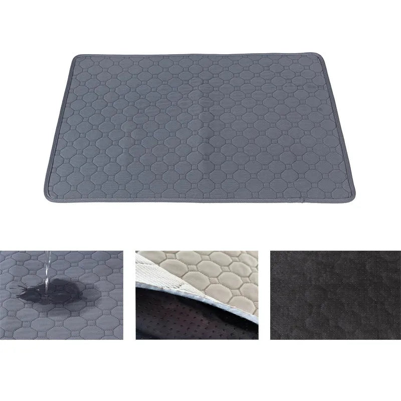 Two washable dog pee pads in grey and khaki on a floor, one with a small dog standing on it