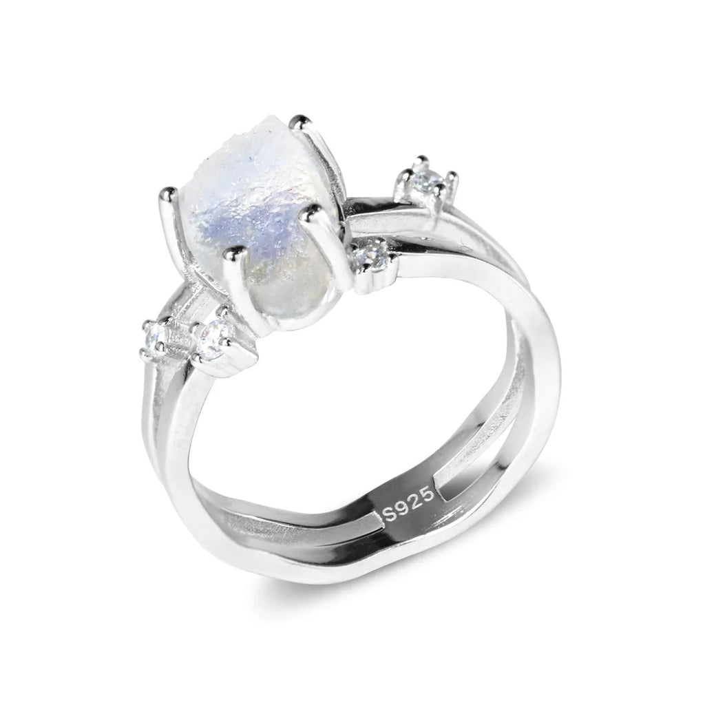 S925 silver geometric ring with irregular triangle design and moonstone, shown in rose gold finish.