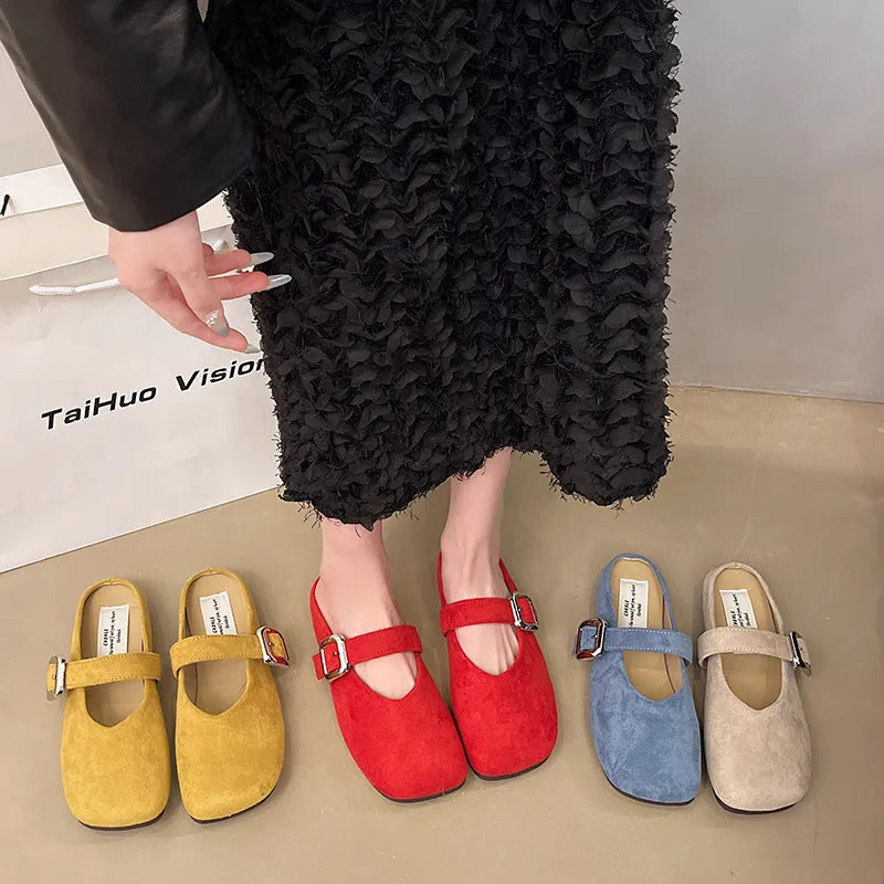 Women's flat closed toe slippers with square head design in apricot, blue, red and yellow colour options