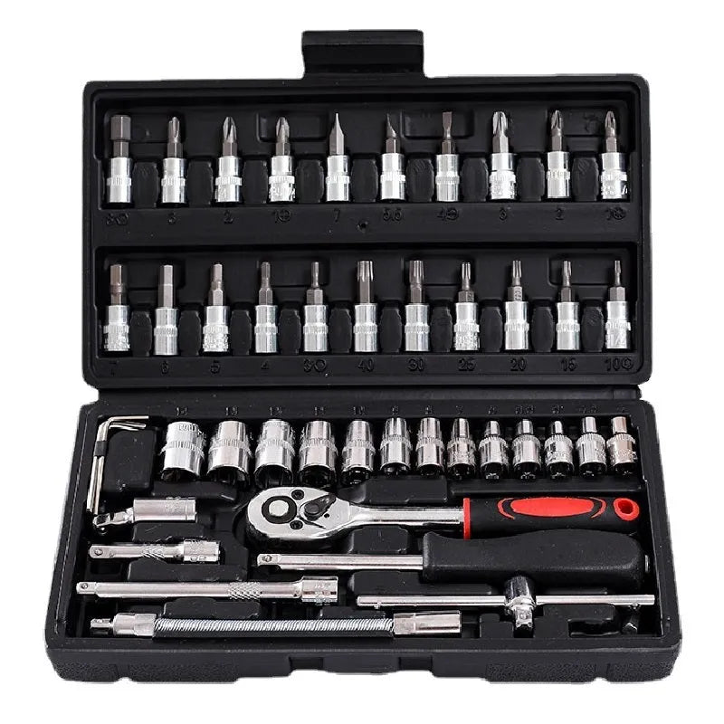 Chromium vanadium steel socket ratchet wrench set with multiple kit size options