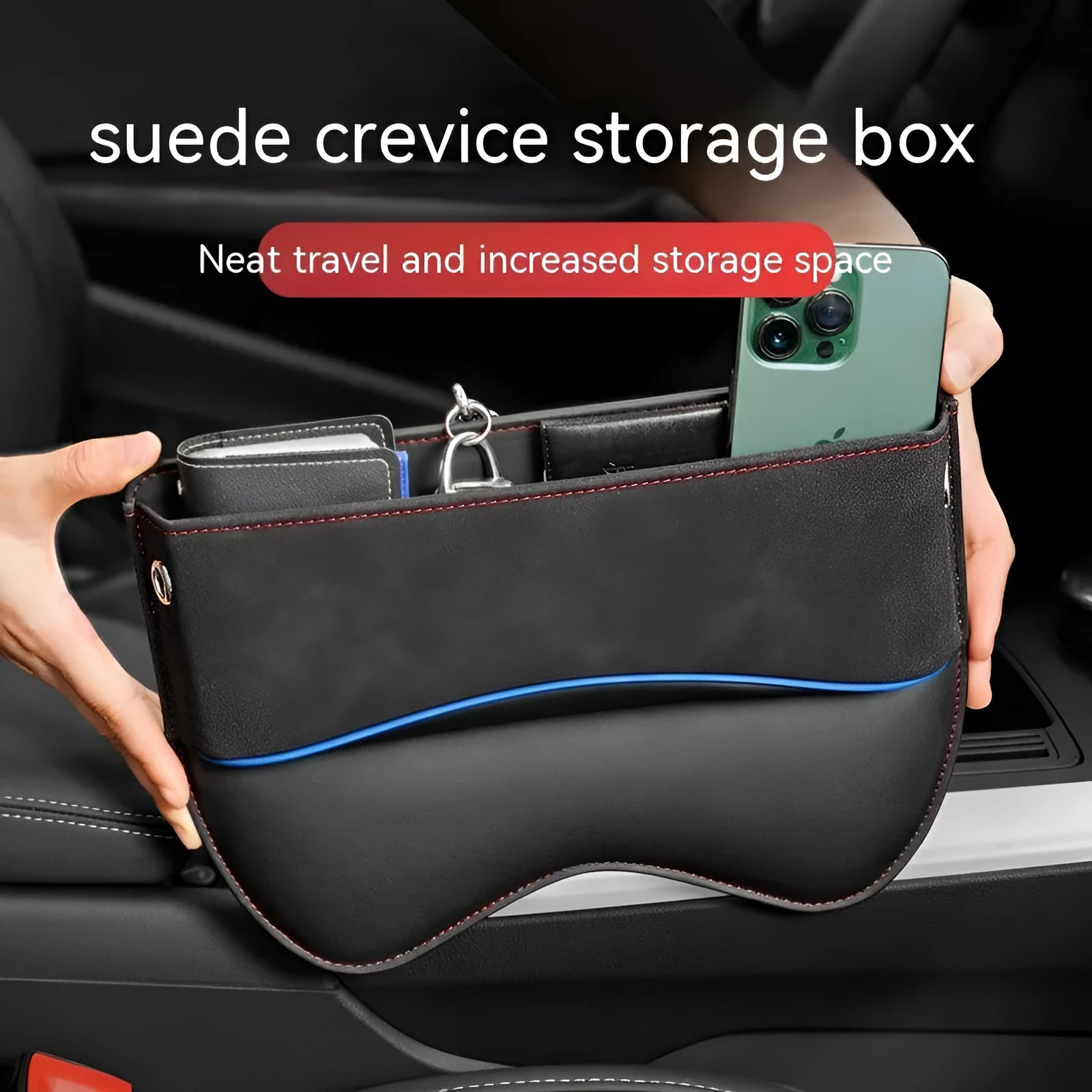 Leather car seat storage organiser box in beige colour on a car passenger seat.