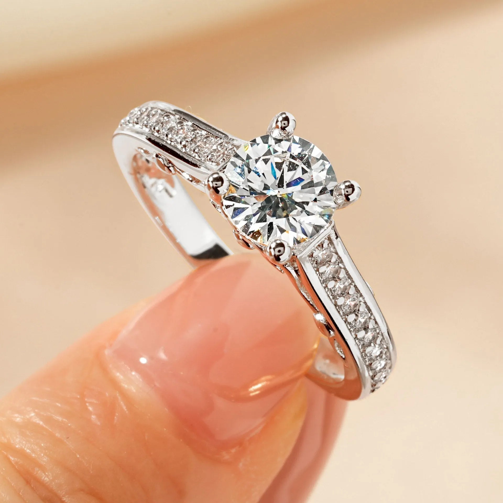 Women's electroplated copper zircon ring in heart, single diamond fork, or star design with K white or yellow plating.