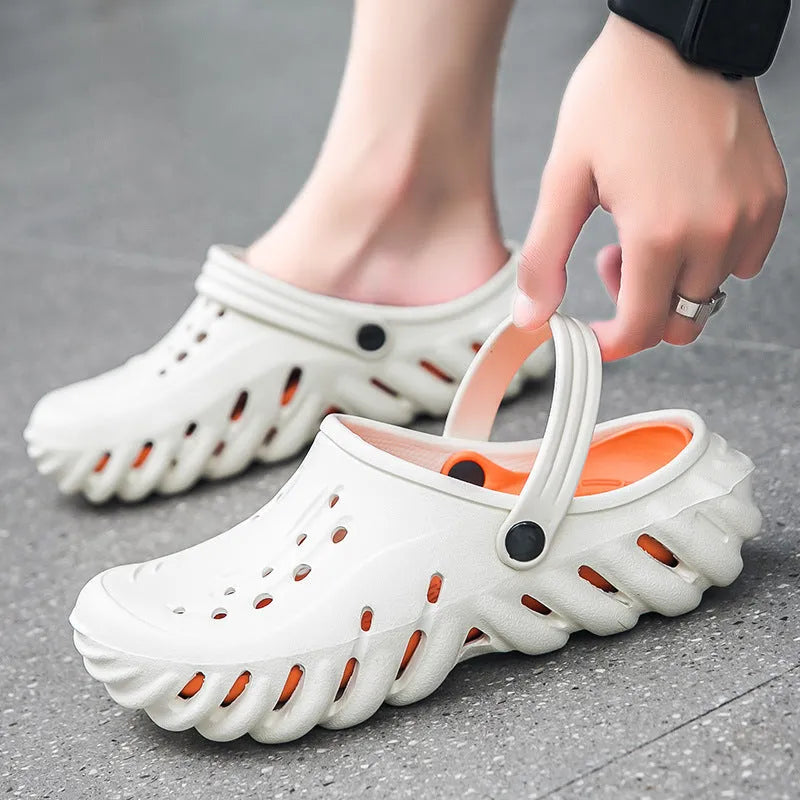 Men's beige EVA slipper sandals with hollow-out design and round toe holder