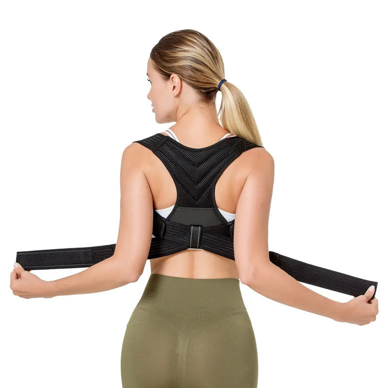 Black adjustable anti-humpback posture correction belt for back and shoulder support