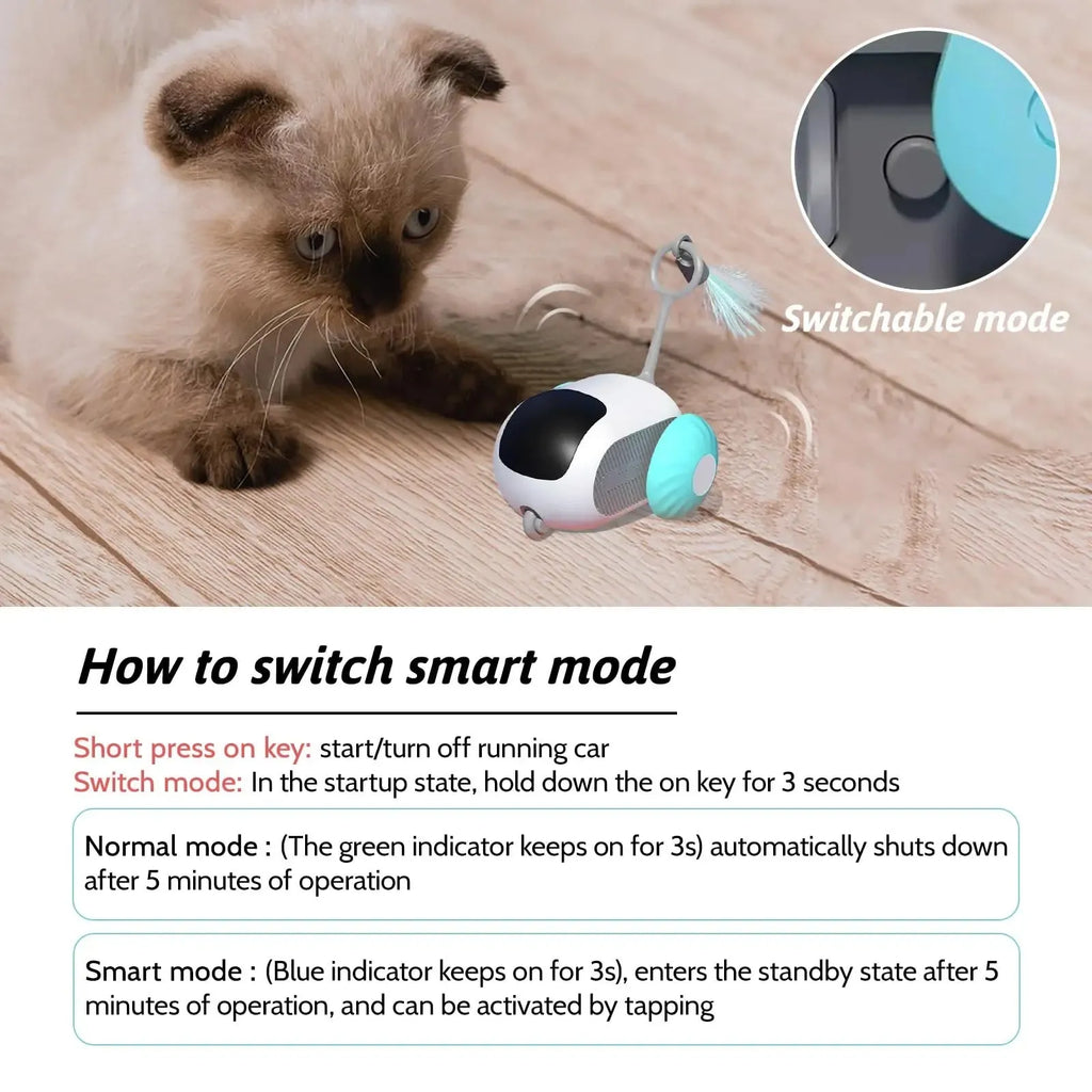 Smart cat toy car with feather teaser in blue on a white background, remote control included