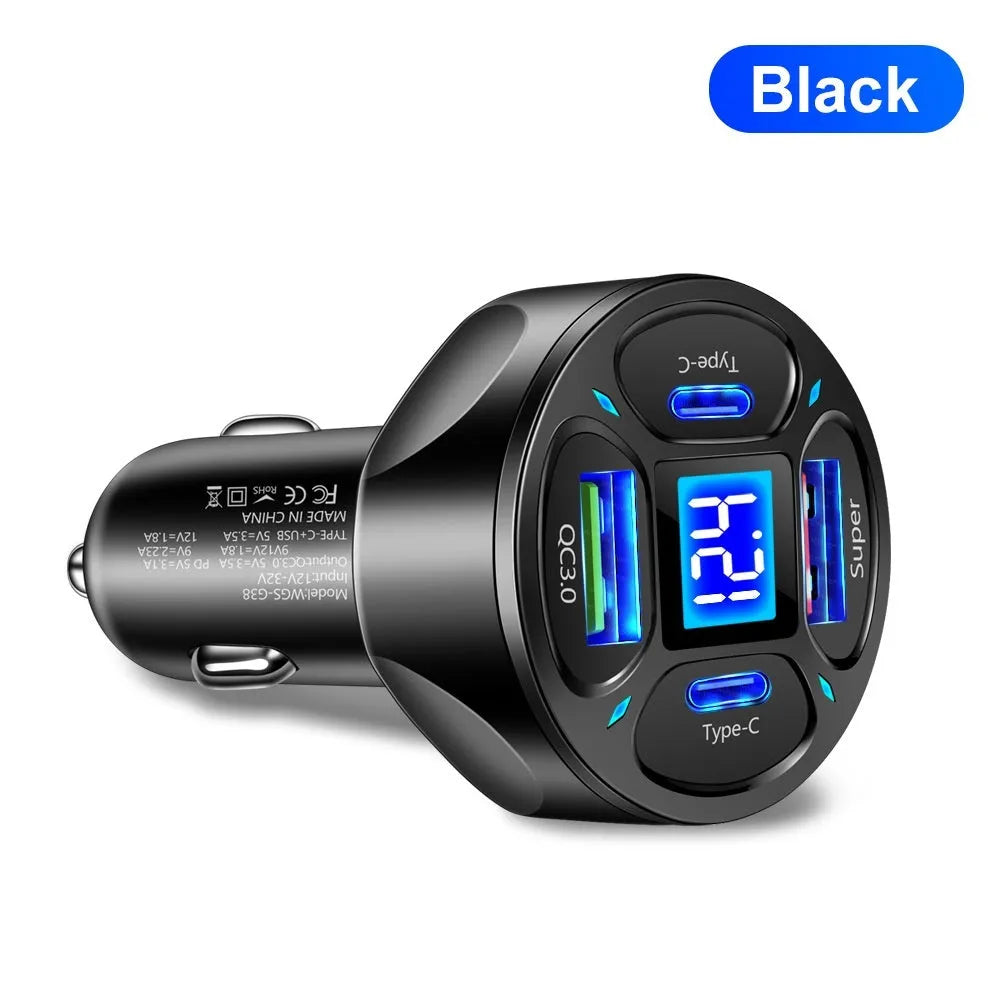 66W 2USB 2 Type-C digital display car charger in black with compact design and voltage readout