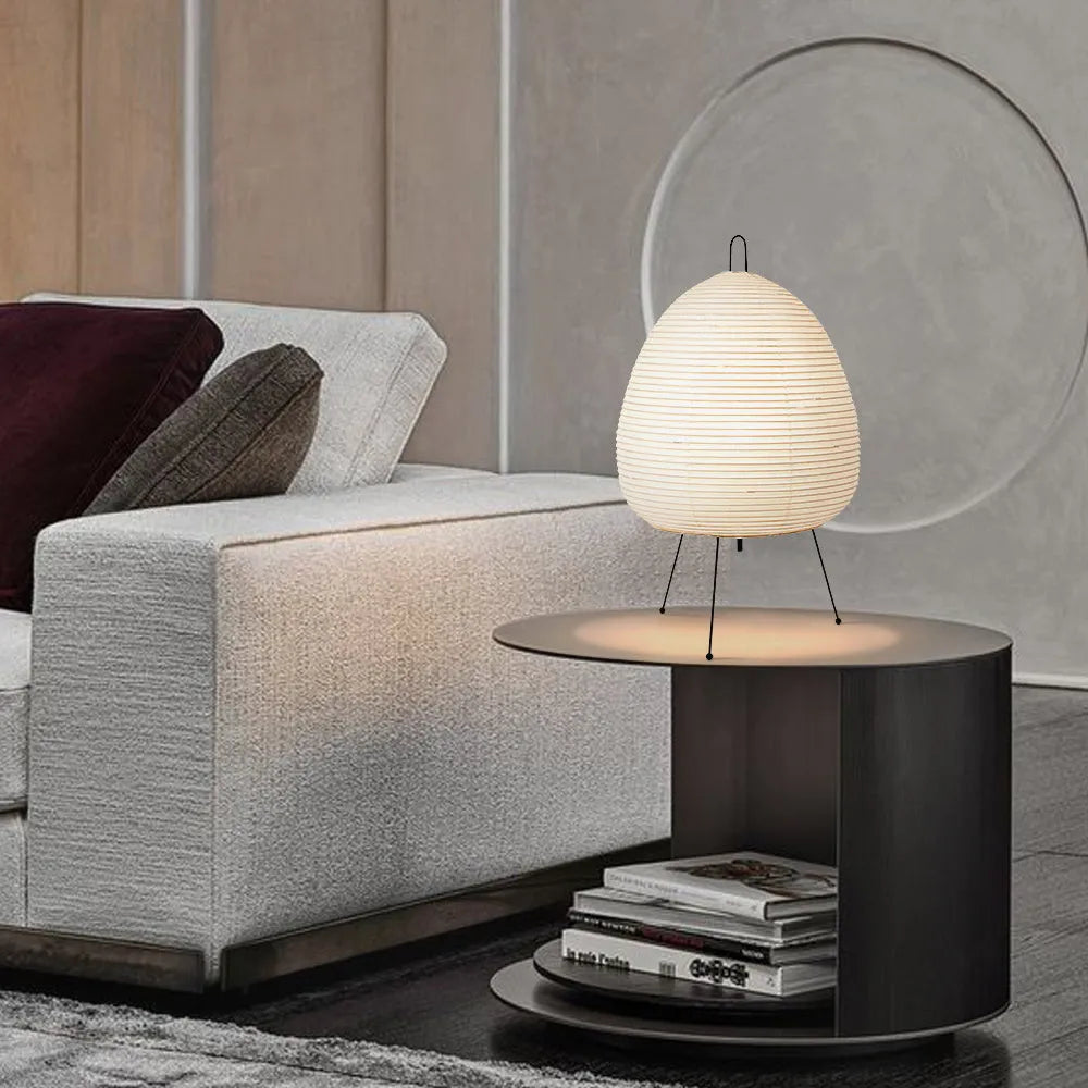 Japanese style rice paper table lamp with aluminium base and button dimmer