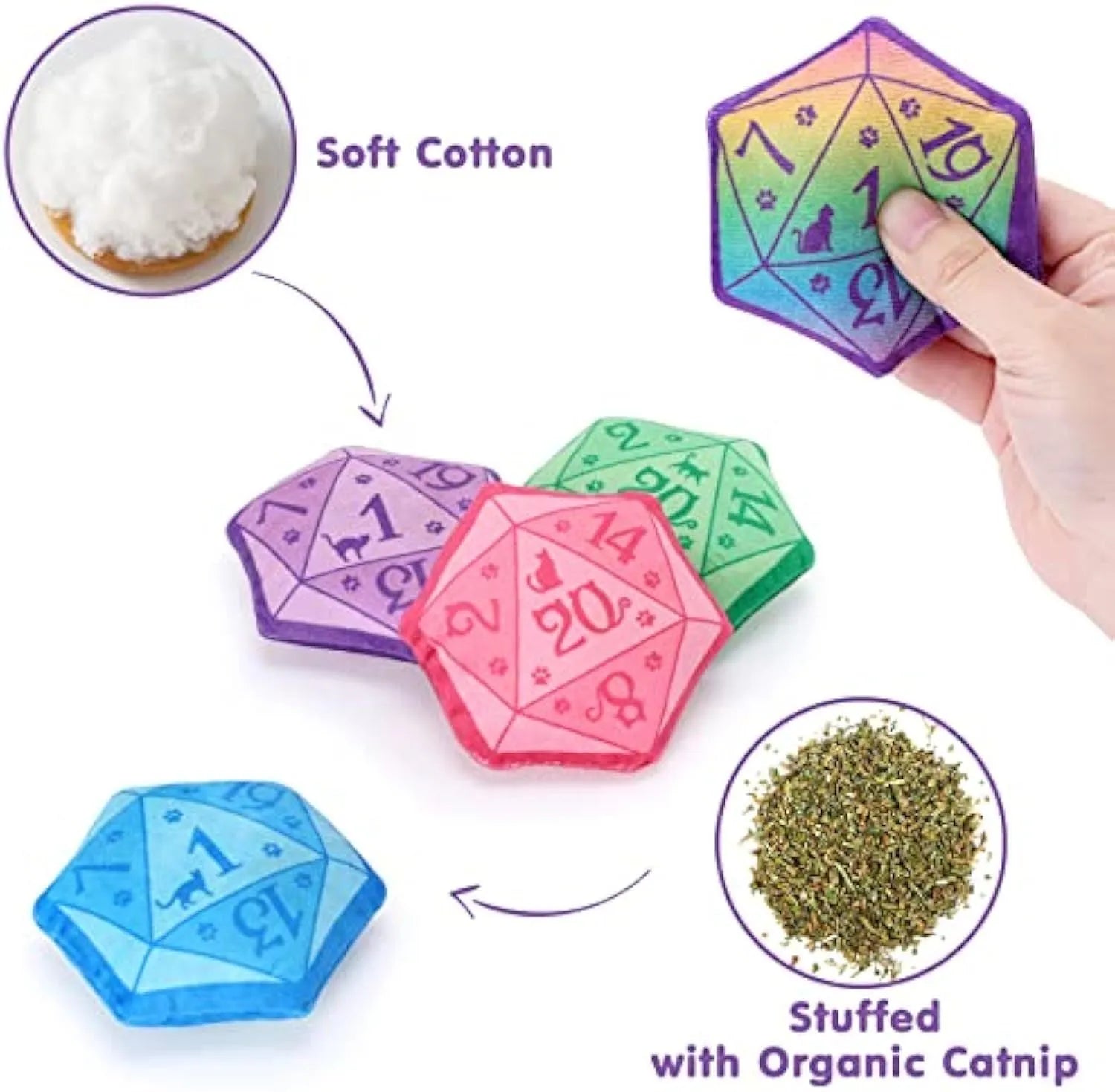 Blue dice catnip toy made of soft plush flannelette with organic catnip, designed for DND-themed interactive cat play