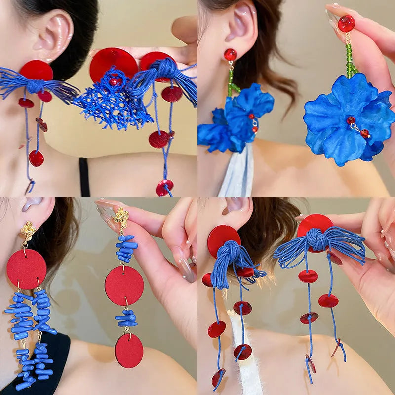 Geometric cloth women's earrings with 30 Silver Needle-blue resin flower colour and round design elements.