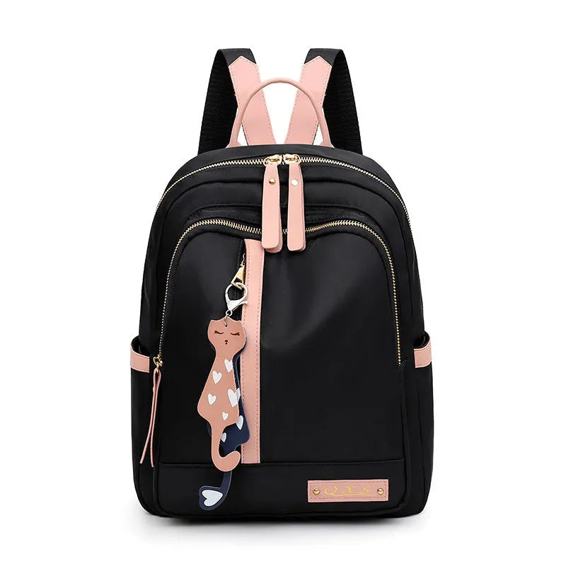 Black casual nylon backpack with shoulder straps showing internal organisation compartments