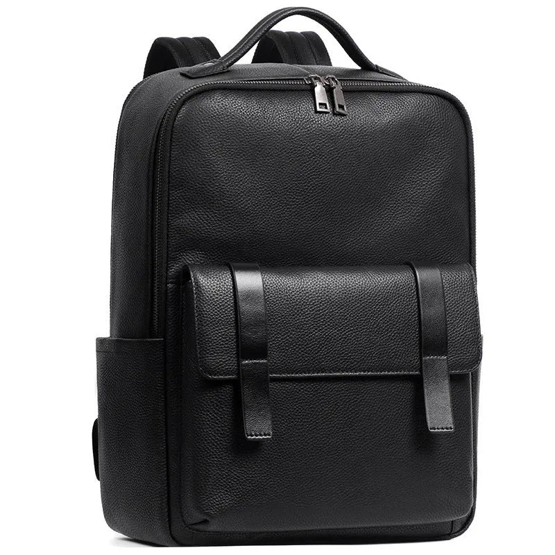 Large black genuine leather men's computer backpack with back support plate.