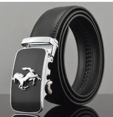 Men's black leather belt with automatic buckle, 3.5cm wide, showing leopard pattern detail