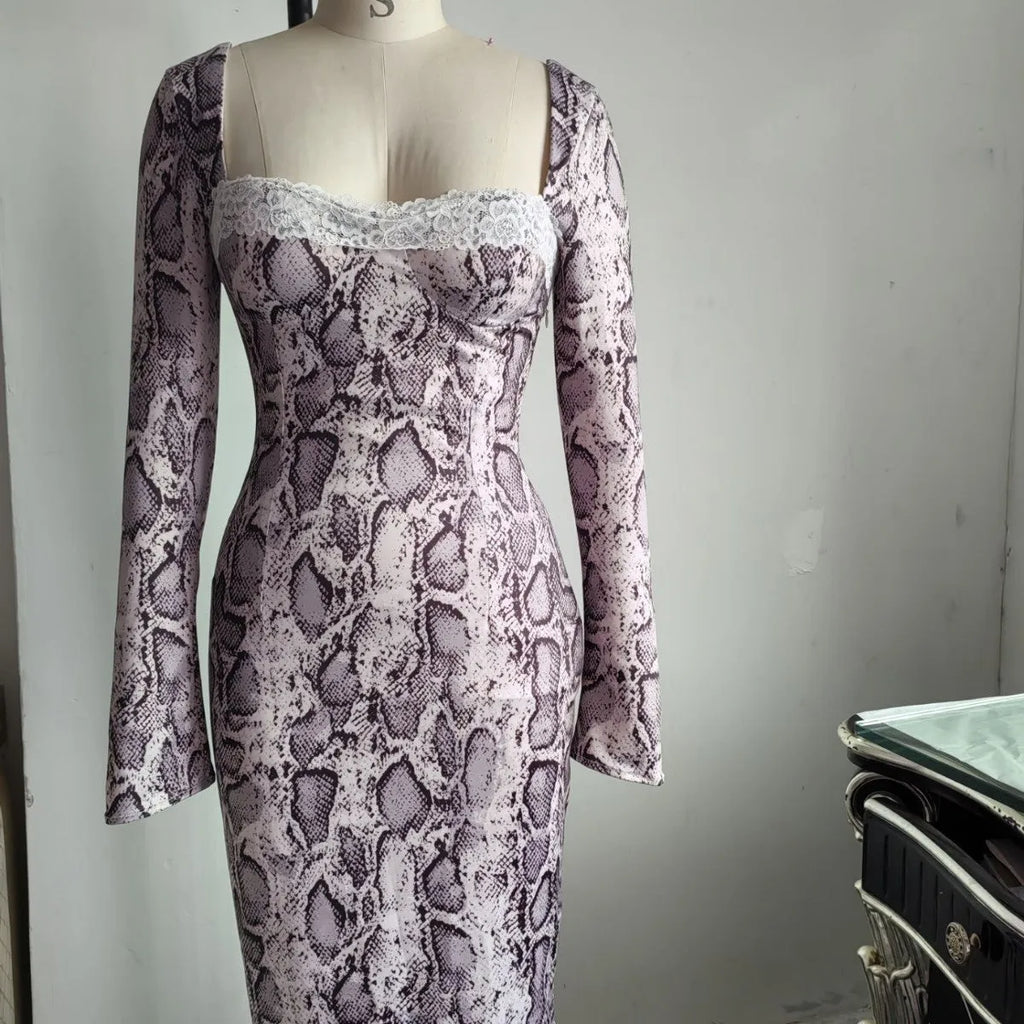 Grey slim fit lace dress with digital 3D printed pattern and A-line skirt silhouette