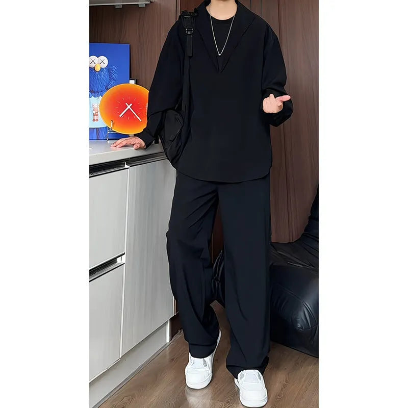 Men's black casual two-piece suit with long sleeve polo shirt and matching trousers