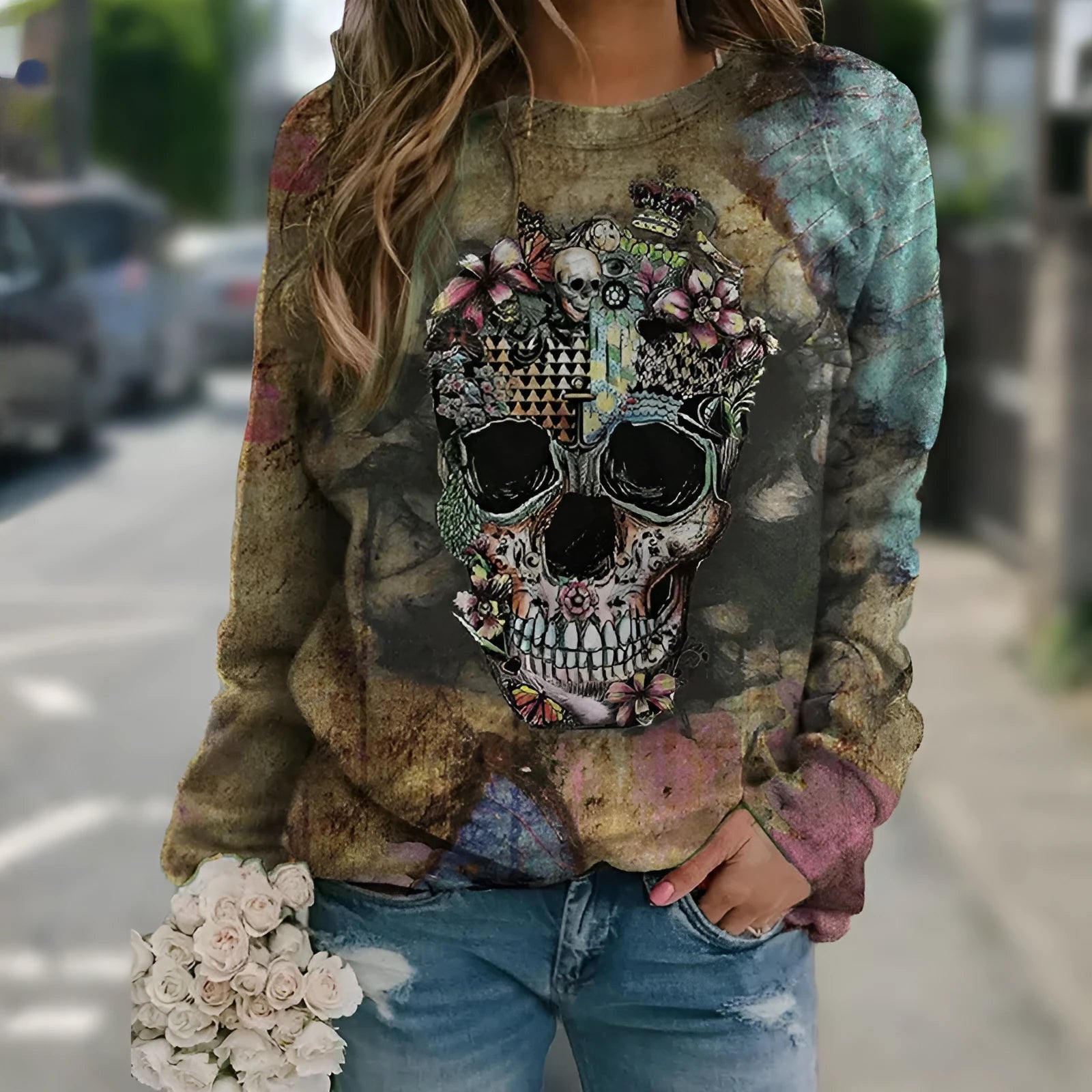 Black men's long sleeve sweatshirt featuring a detailed skull print design on the front.