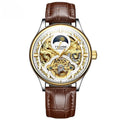 Men's gold leather automatic waterproof watch showing 16mm thickness