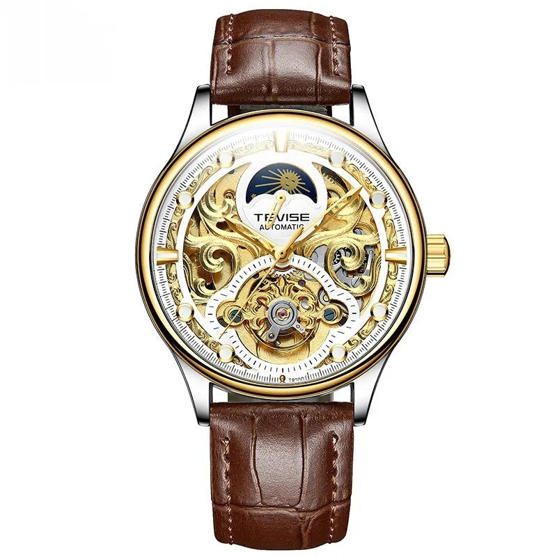 Men's gold leather automatic waterproof watch showing 16mm thickness