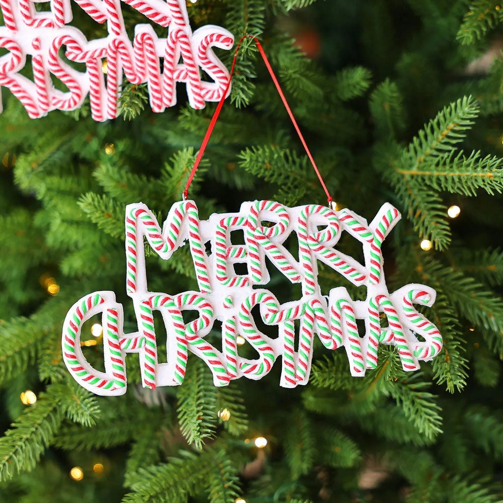 Polymer clay Christmas tree ornament with Merry Christmas letter plate, red and white colour, 8cm height