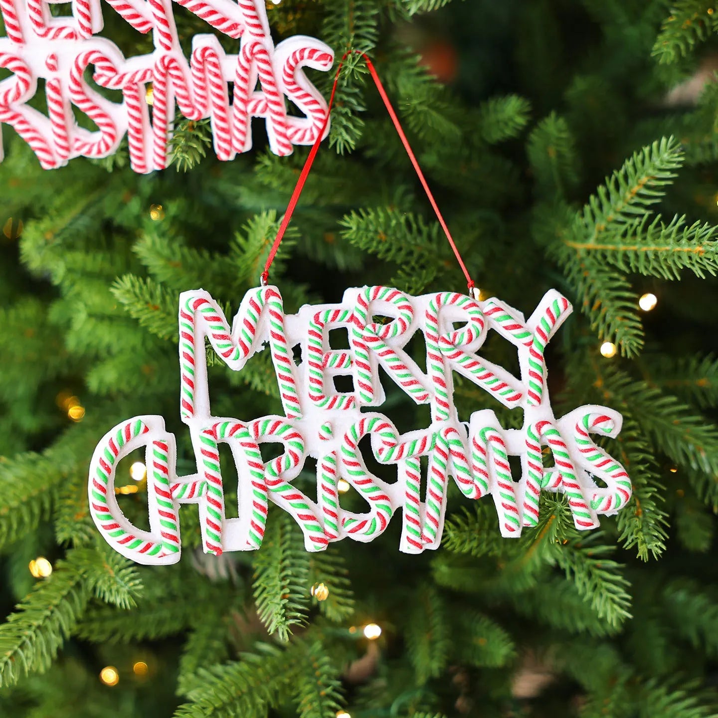 Polymer clay Christmas tree ornament with Merry Christmas letter plate, red and white colour, 8cm height