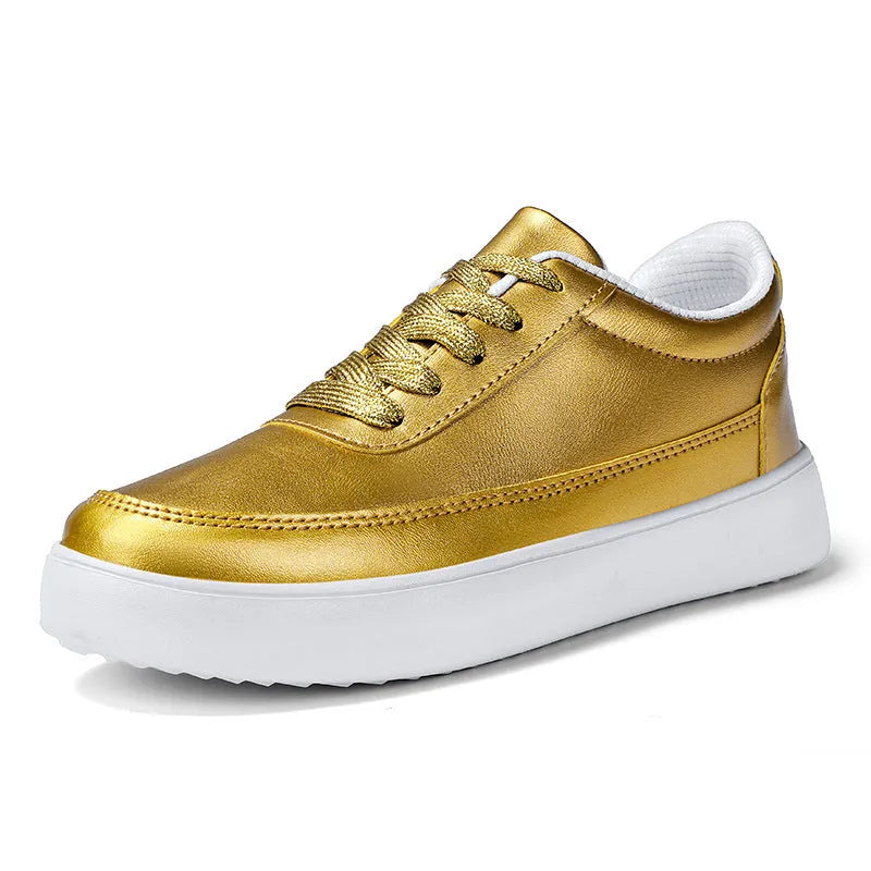 Women's white leather lace-up casual flat shoes on a solid background