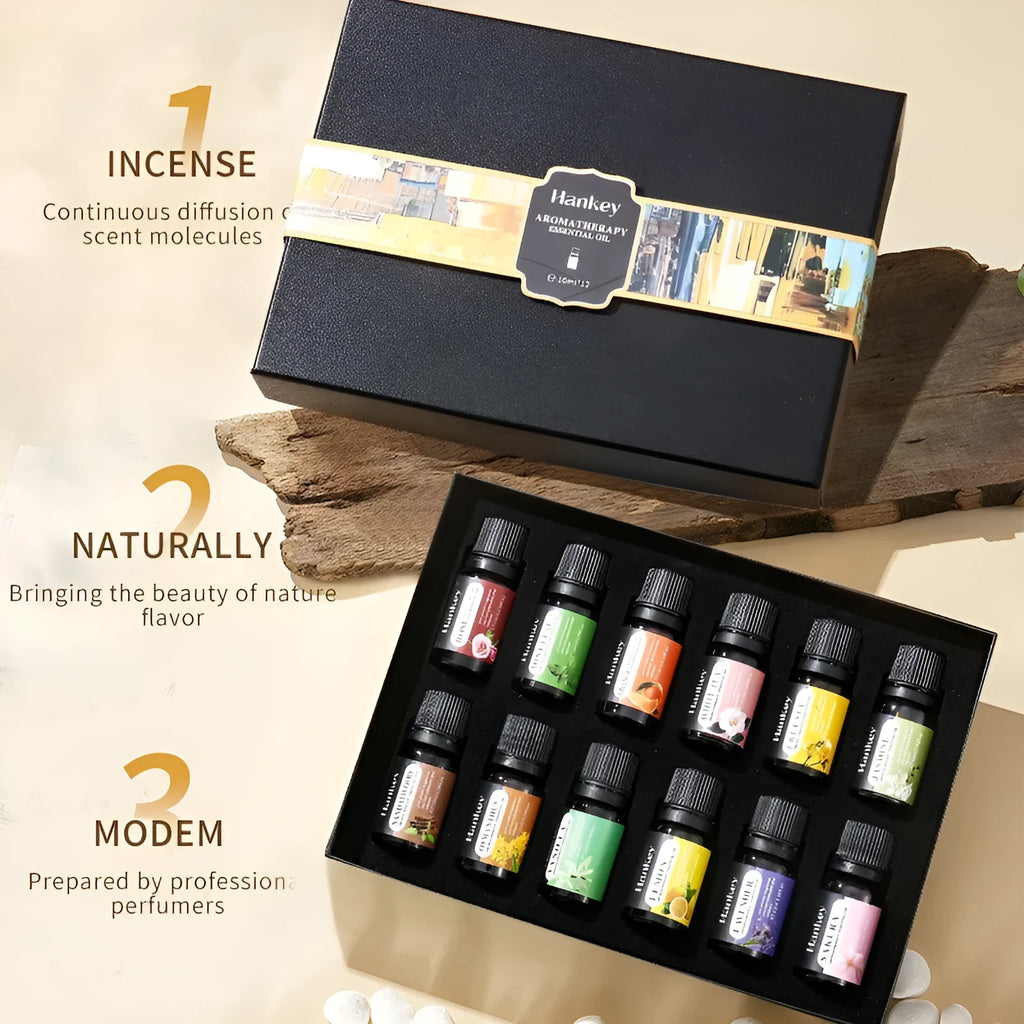 Boxed set of water-soluble aromatherapy essential oils for room freshening with diffusers