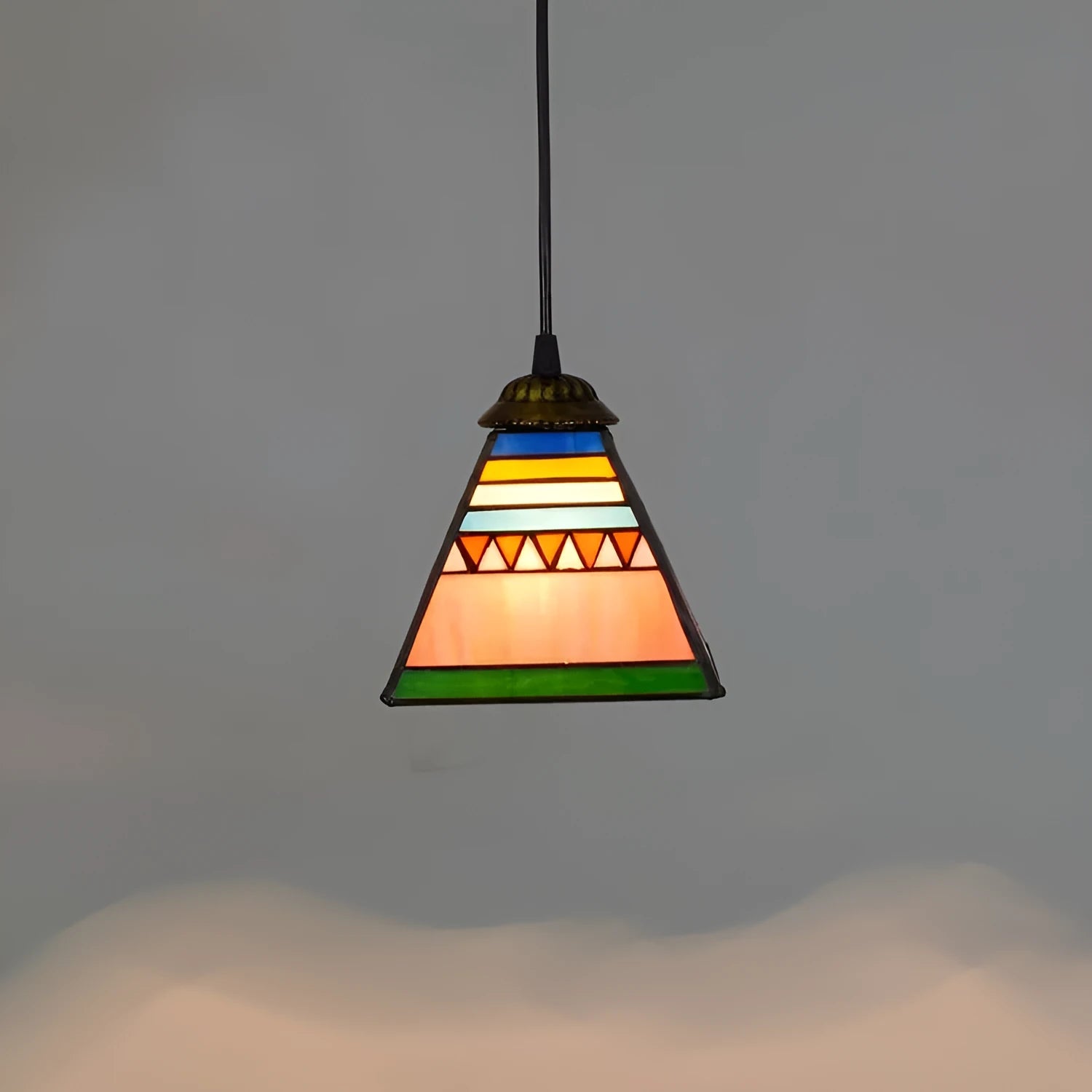 Art stained glass small droplight with 15cm coloured glass shade and 90cm drop on iron ceiling plate