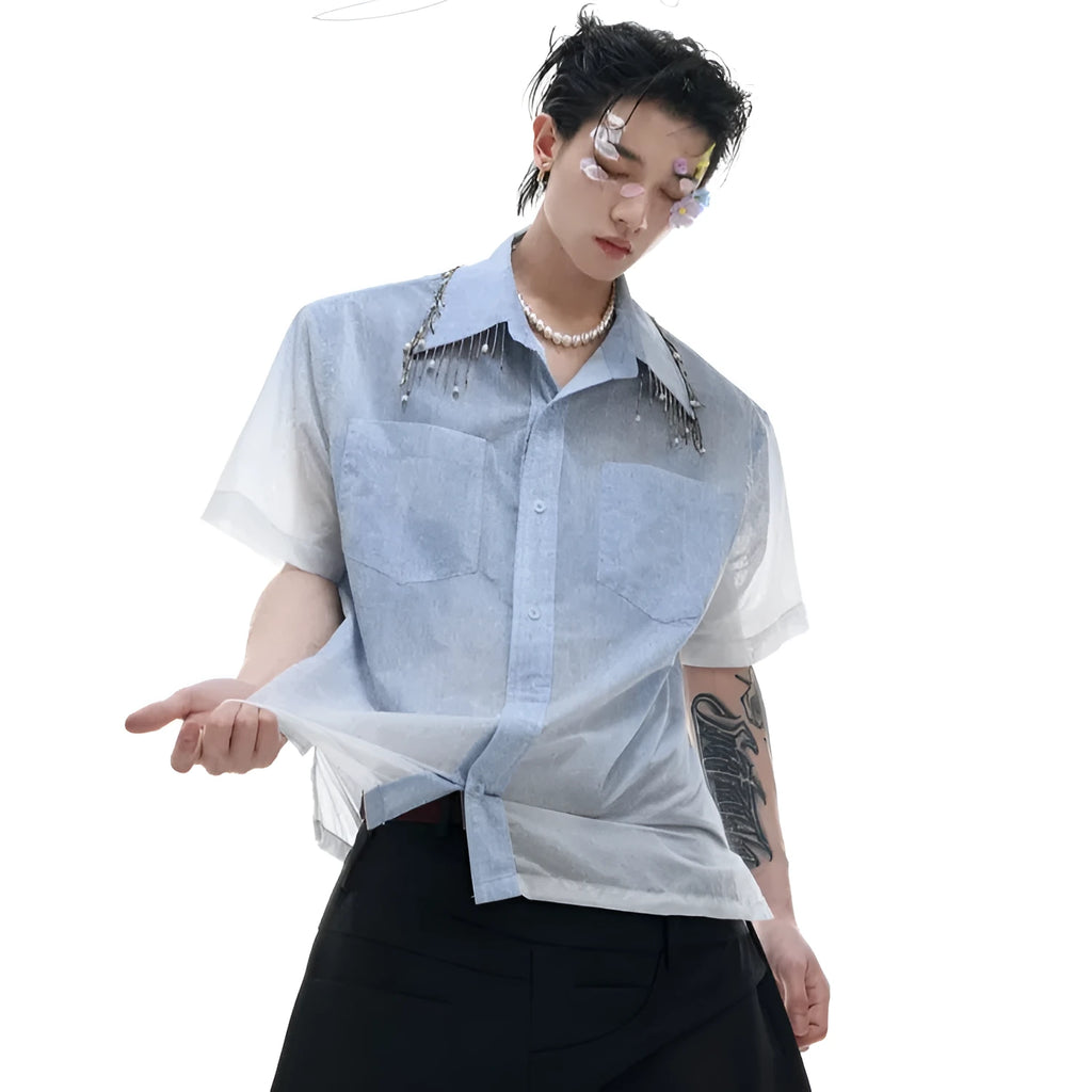 Blue and white gradient men's short sleeve shirt with loose fit for summer casual wear