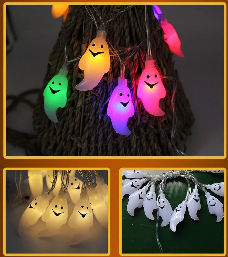 Halloween LED string lights with pumpkin, ghost, bat, and spider pendants measuring 1.2 metres
