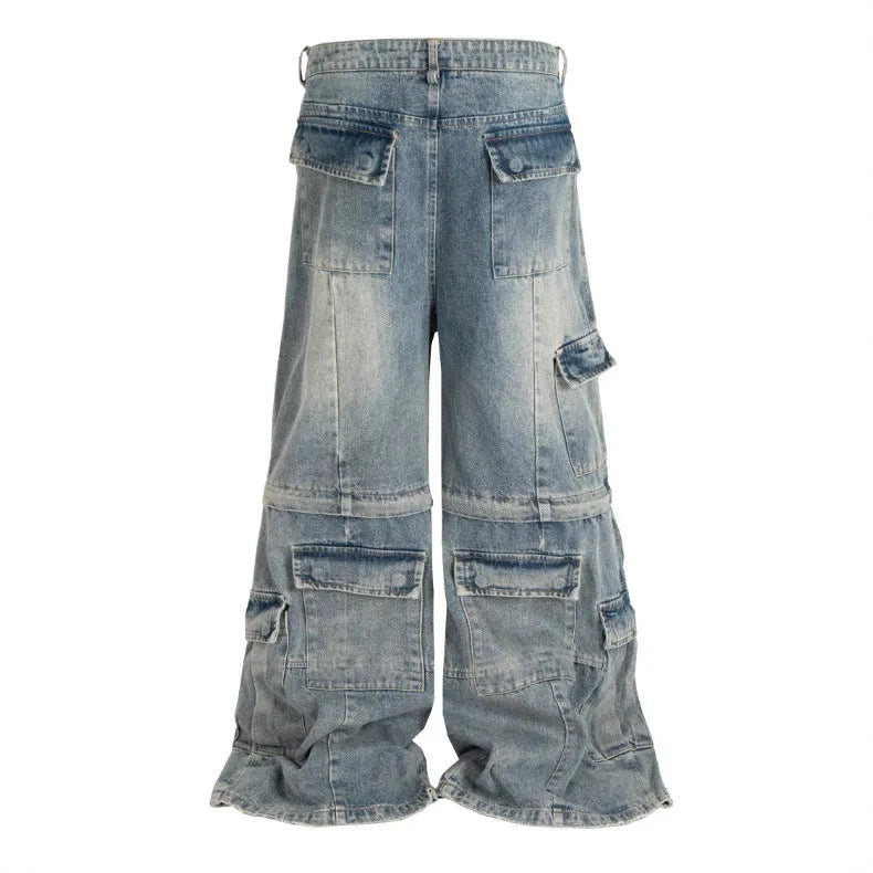 Cotton detachable washed-out multi-pocket overalls for teenagers, black, front view