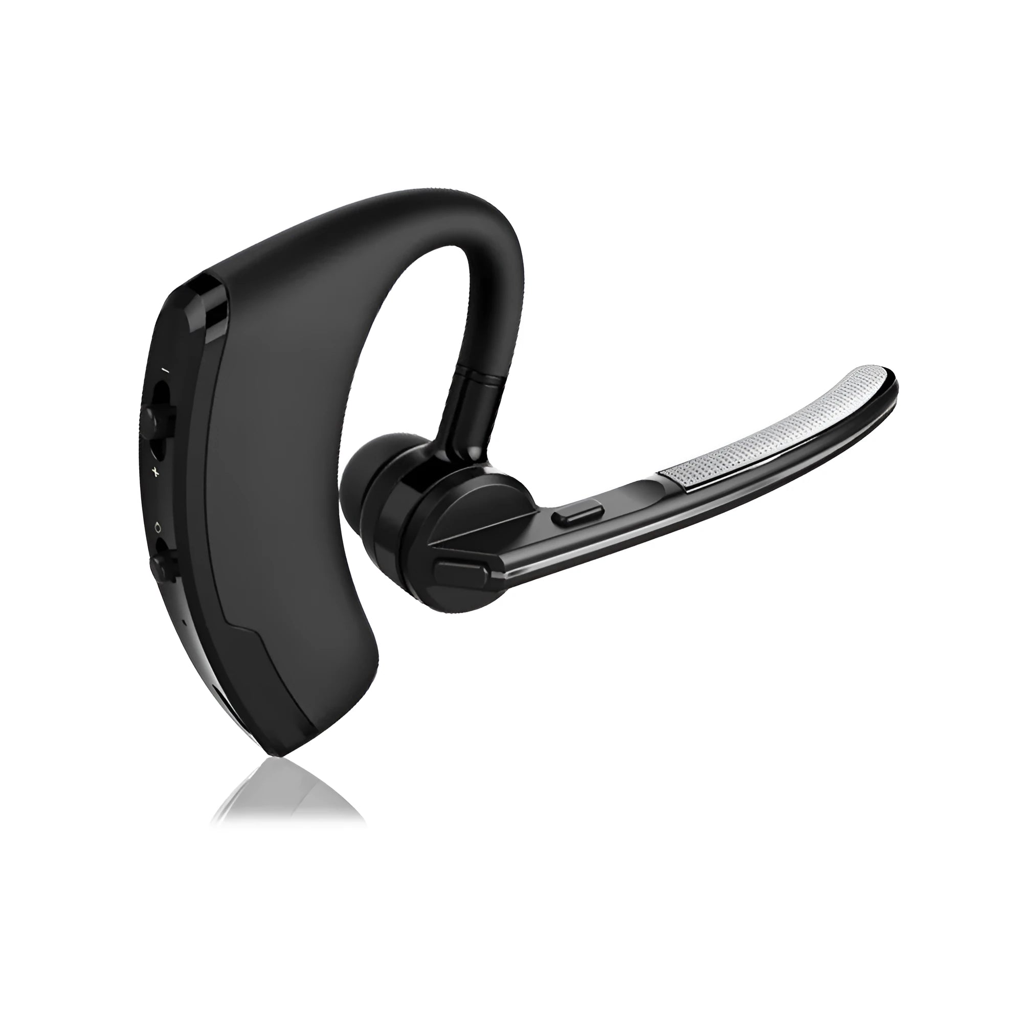 V9 Bluetooth headset with ear-bud and charging cable on a table